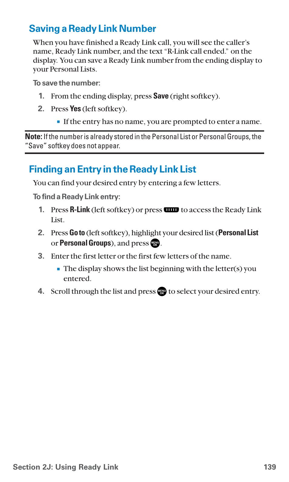 Saving a ready link number, Finding an entry in the ready link list | Sanyo PCS Vision PM-8200 User Manual | Page 151 / 257