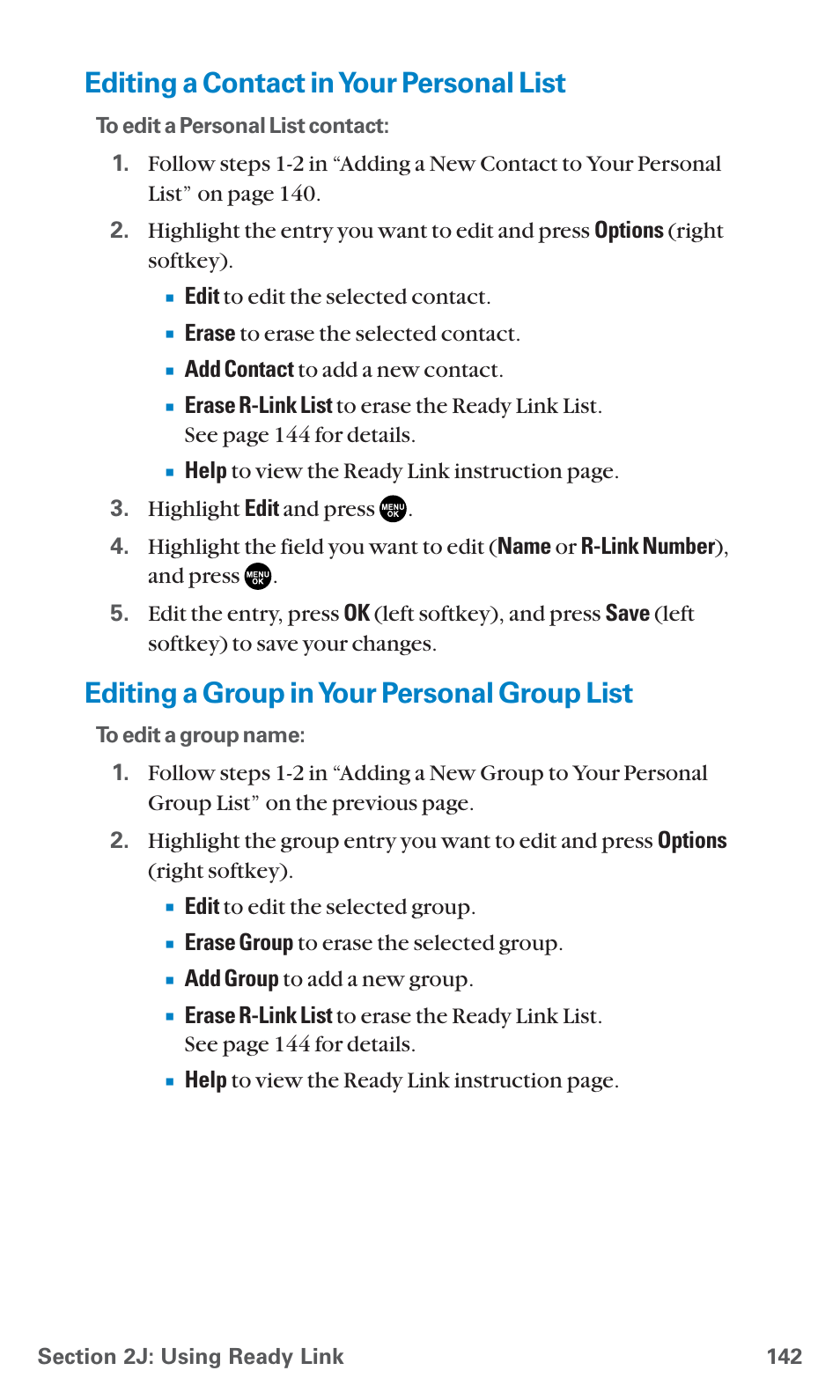 Editing a contact in your personal list, Editing a group in your personal group list | Sanyo PCS Vision PM-8200 User Manual | Page 154 / 257