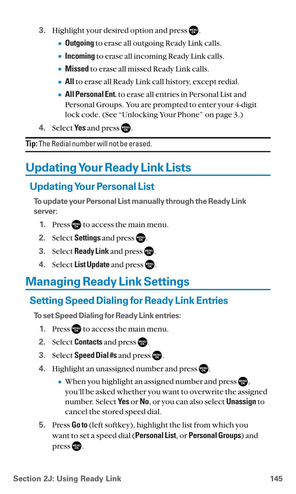 Updating your ready link lists, Updating your personal list, Managing ready link settings | Setting speed dialing for ready link entries, See “setting speed dialing for ready link entries | Sanyo PCS Vision PM-8200 User Manual | Page 157 / 257