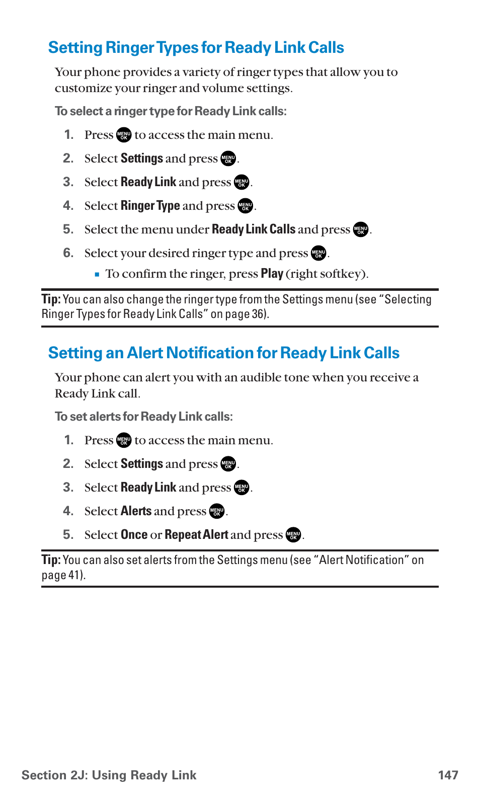 Setting ringer types for ready link calls, Setting an alert notification for ready link calls | Sanyo PCS Vision PM-8200 User Manual | Page 159 / 257