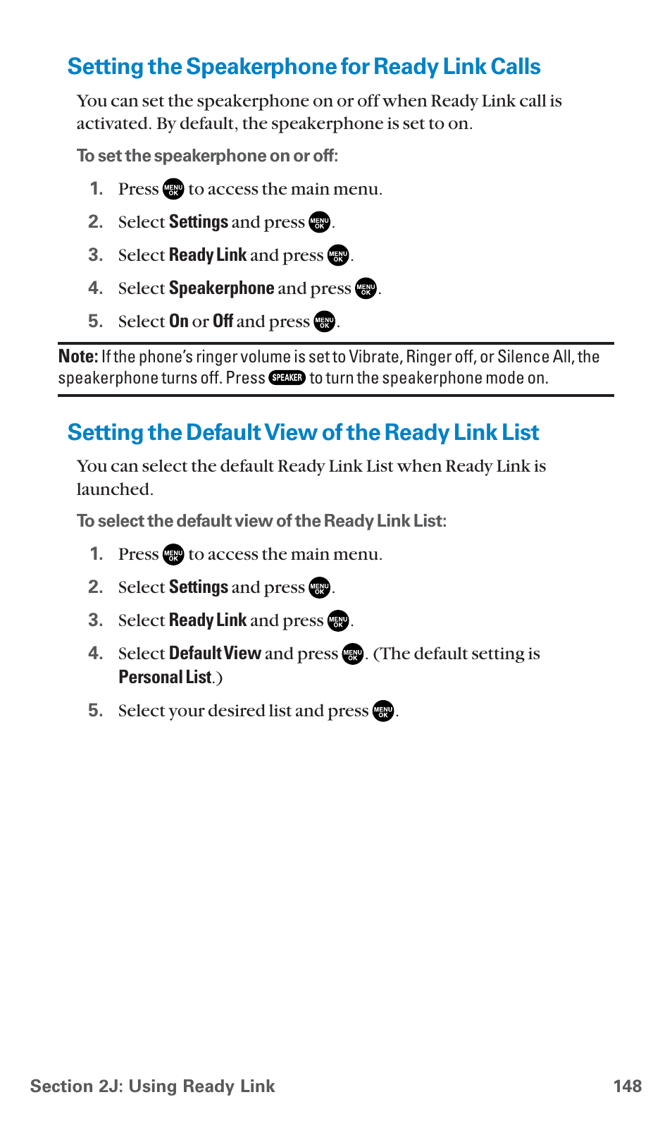 Setting the speakerphone for ready link calls, Setting the default view of the ready link list | Sanyo PCS Vision PM-8200 User Manual | Page 160 / 257