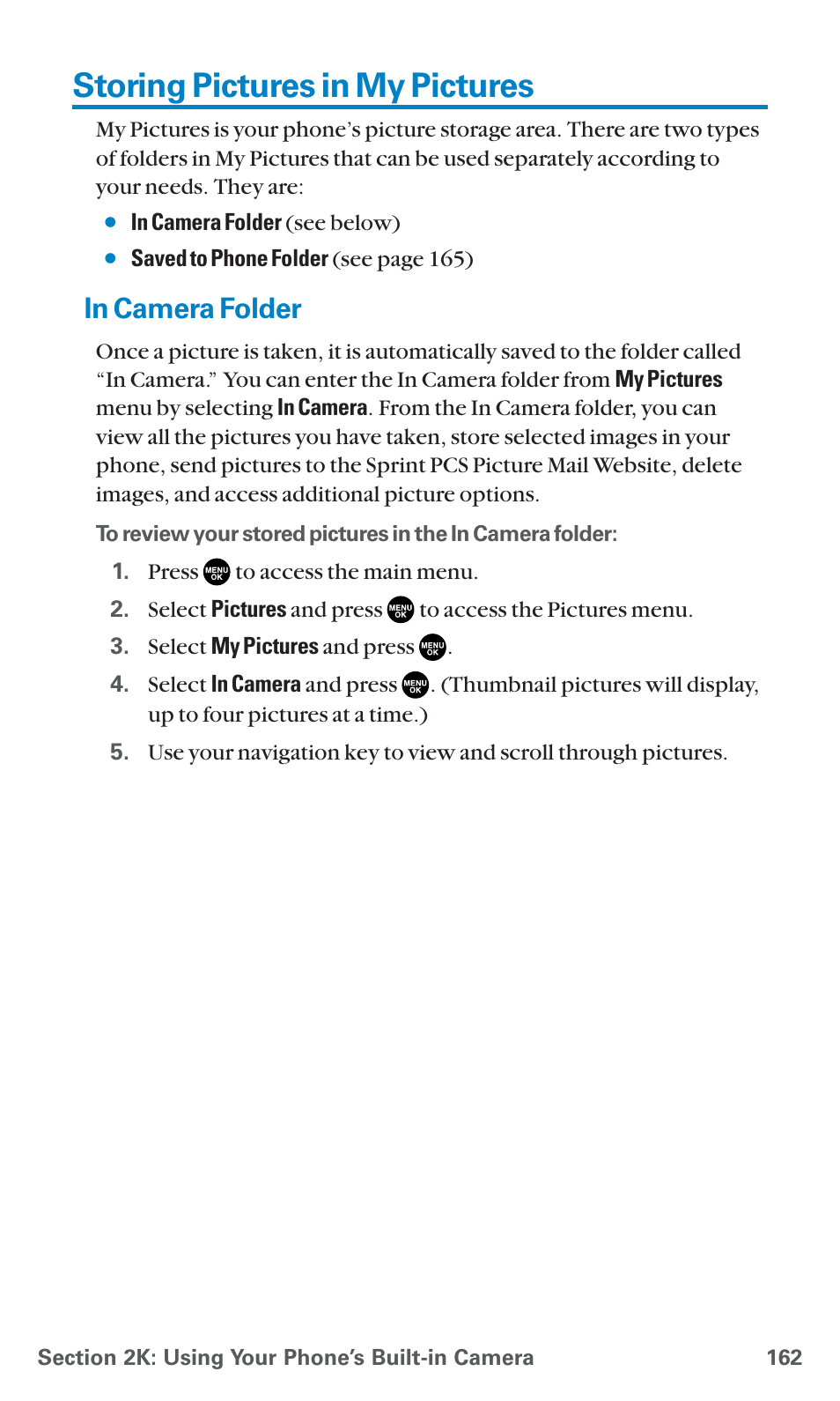 Storing pictures in my pictures, In camera folder | Sanyo PCS Vision PM-8200 User Manual | Page 174 / 257