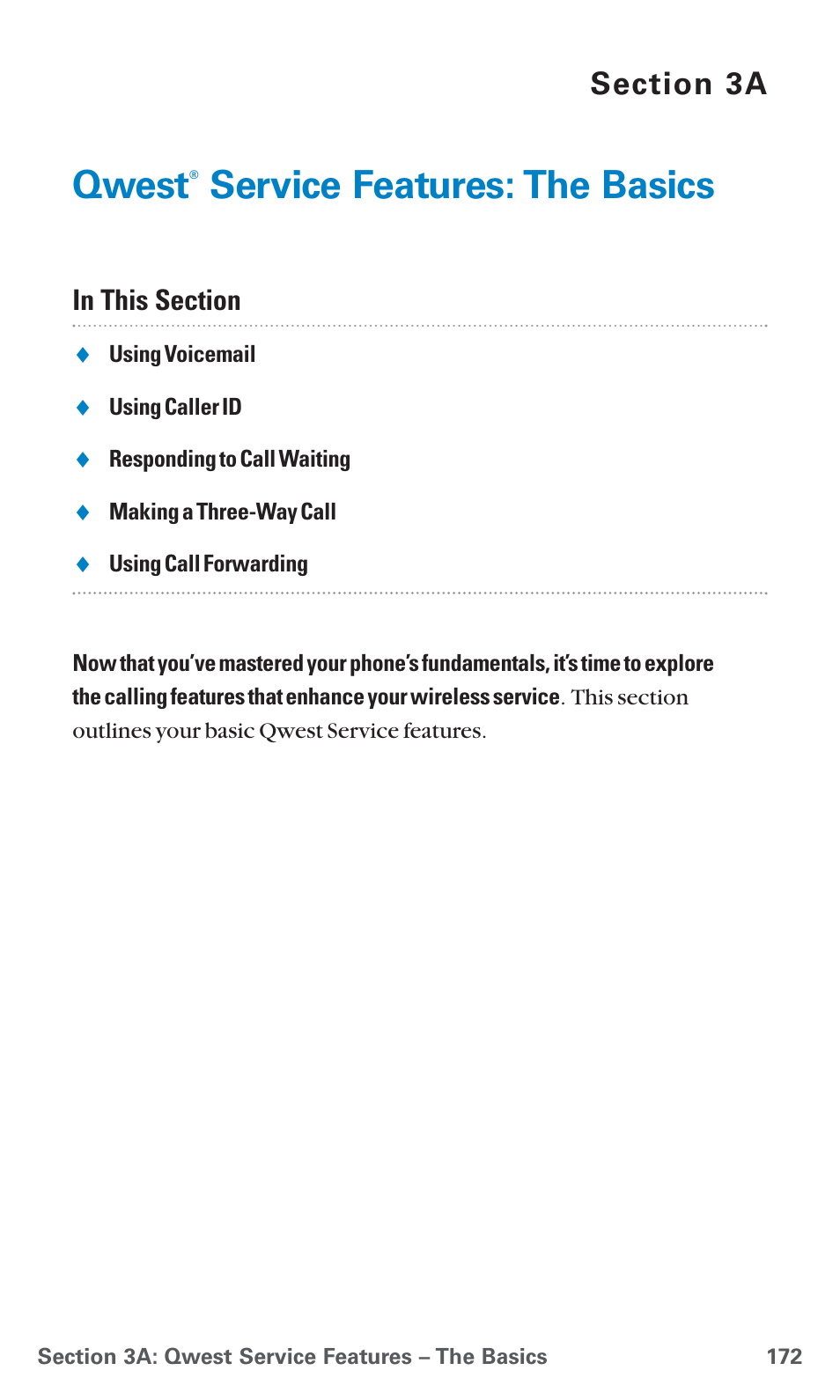 3a. qwest, Service features: the basics, Qwest | Sanyo PCS Vision PM-8200 User Manual | Page 184 / 257