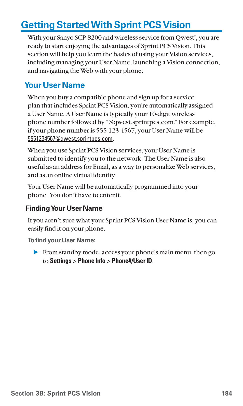 Getting started with sprint pcs vision, Your user name | Sanyo PCS Vision PM-8200 User Manual | Page 196 / 257