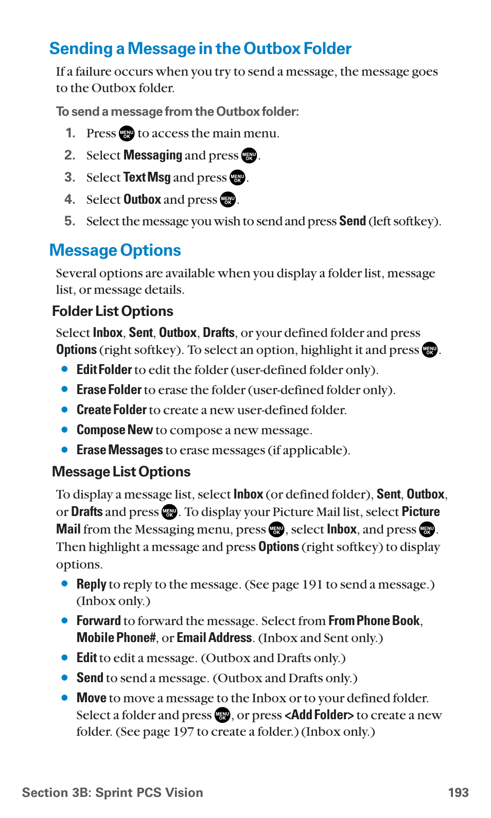 Sending a message in the outbox folder, Message options | Sanyo PCS Vision PM-8200 User Manual | Page 205 / 257