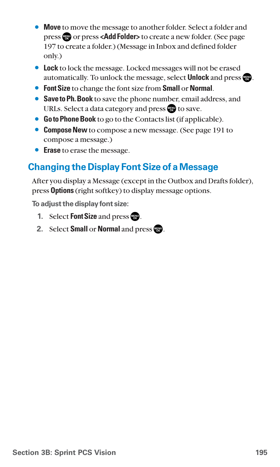 Changing the display font size of a message | Sanyo PCS Vision PM-8200 User Manual | Page 207 / 257