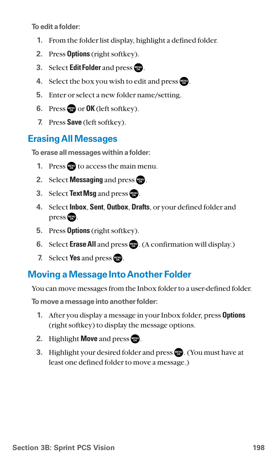 Erasing all messages, Moving a message into another folder | Sanyo PCS Vision PM-8200 User Manual | Page 210 / 257