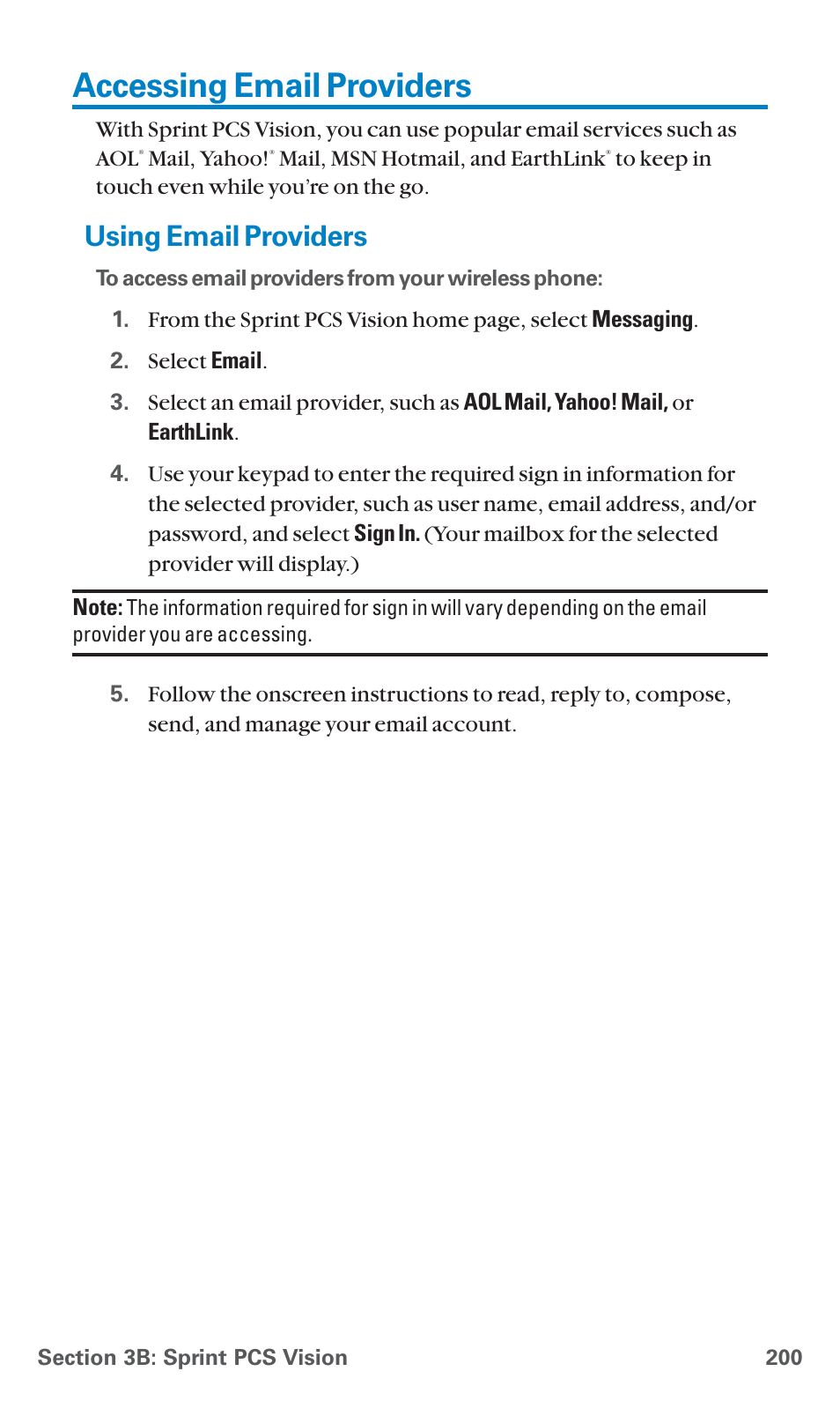 Accessing email providers, Using email providers | Sanyo PCS Vision PM-8200 User Manual | Page 212 / 257