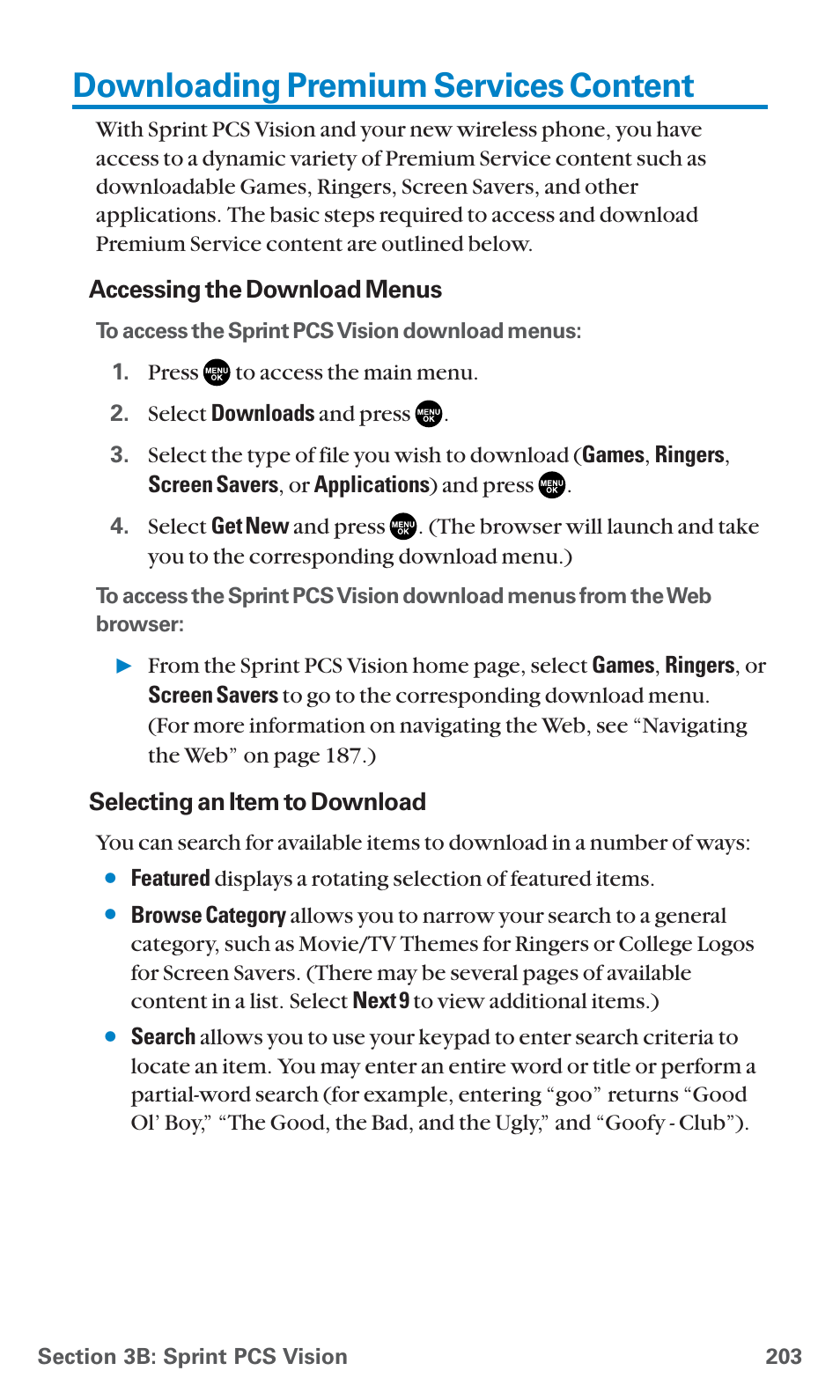 Downloading premium services content | Sanyo PCS Vision PM-8200 User Manual | Page 215 / 257