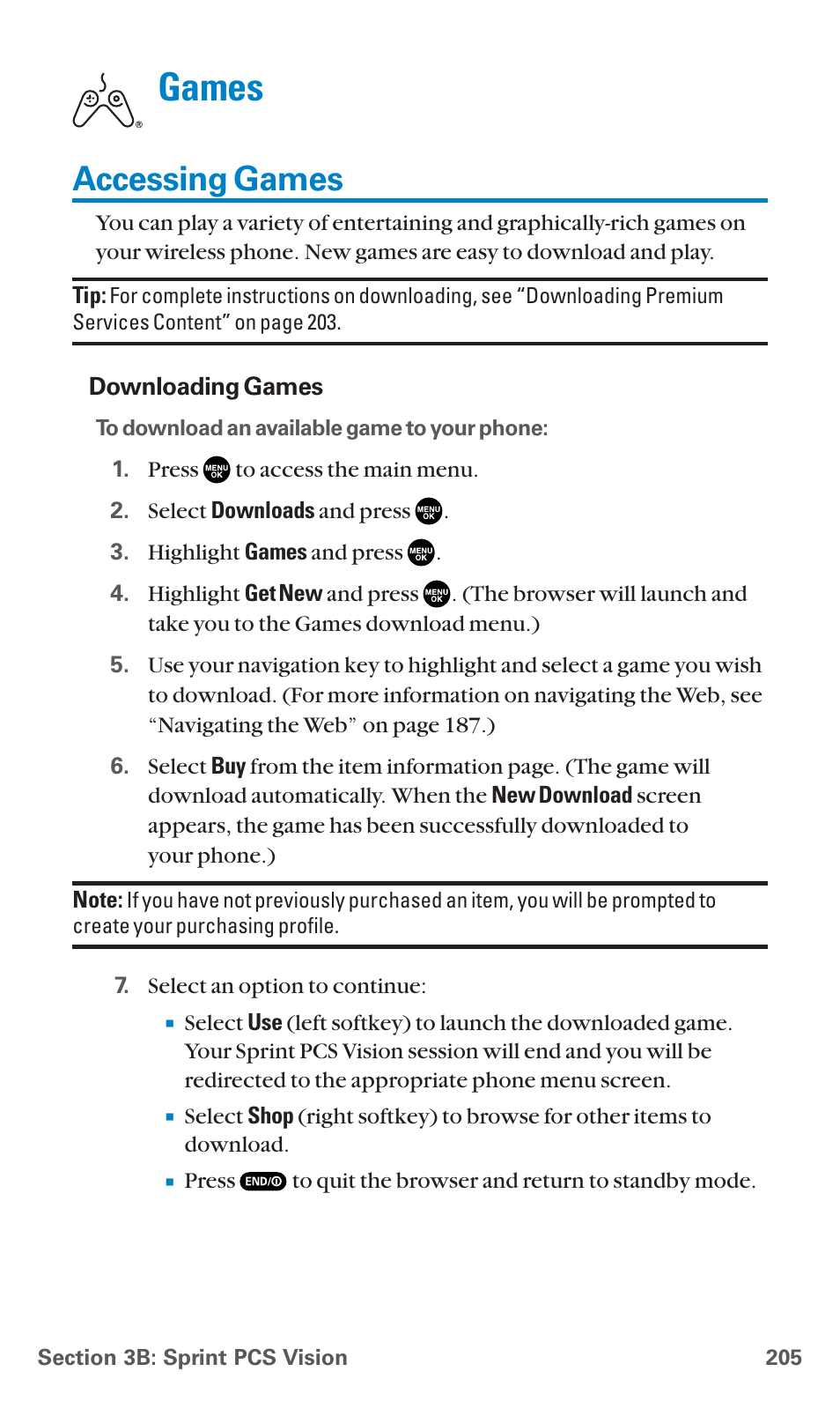 Accessing games, Games | Sanyo PCS Vision PM-8200 User Manual | Page 217 / 257
