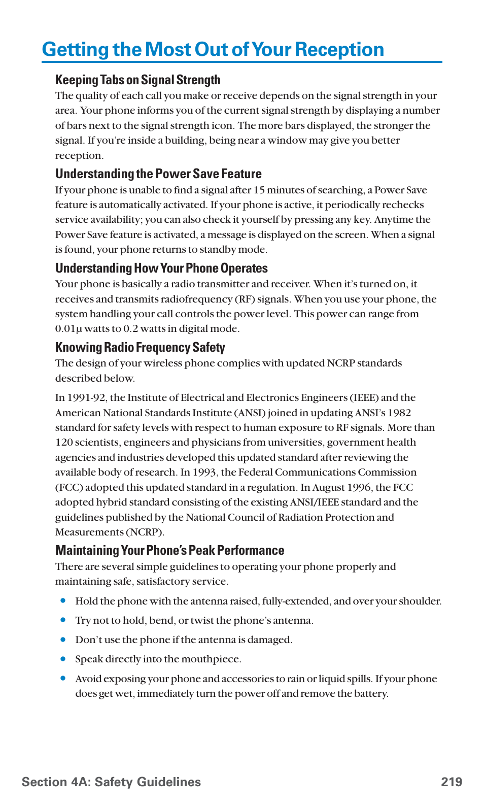 Getting the most out of your reception, Keeping tabs on signal strength, Understanding the power save feature | Understanding how your phone operates, Knowing radio frequency safety, Maintaining your phone’s peak performance | Sanyo PCS Vision PM-8200 User Manual | Page 231 / 257