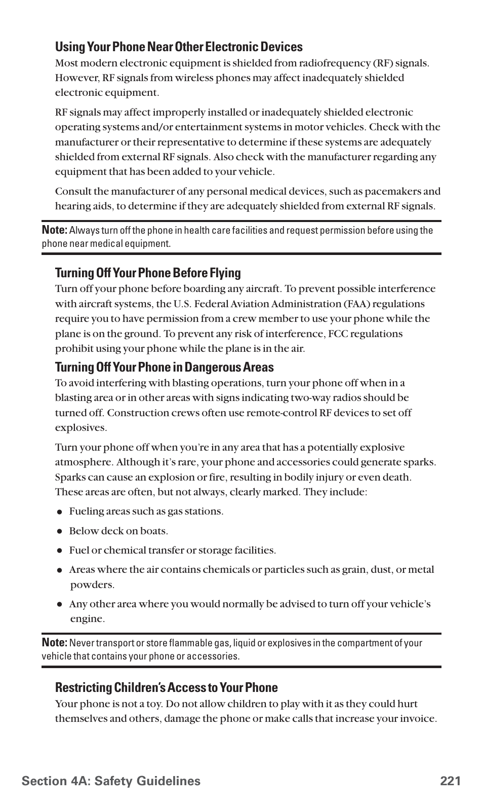 Using your phone near other electronic devices, Turning off your phone before flying, Turning off your phone in dangerous areas | Restricting children’s access to your phone | Sanyo PCS Vision PM-8200 User Manual | Page 233 / 257