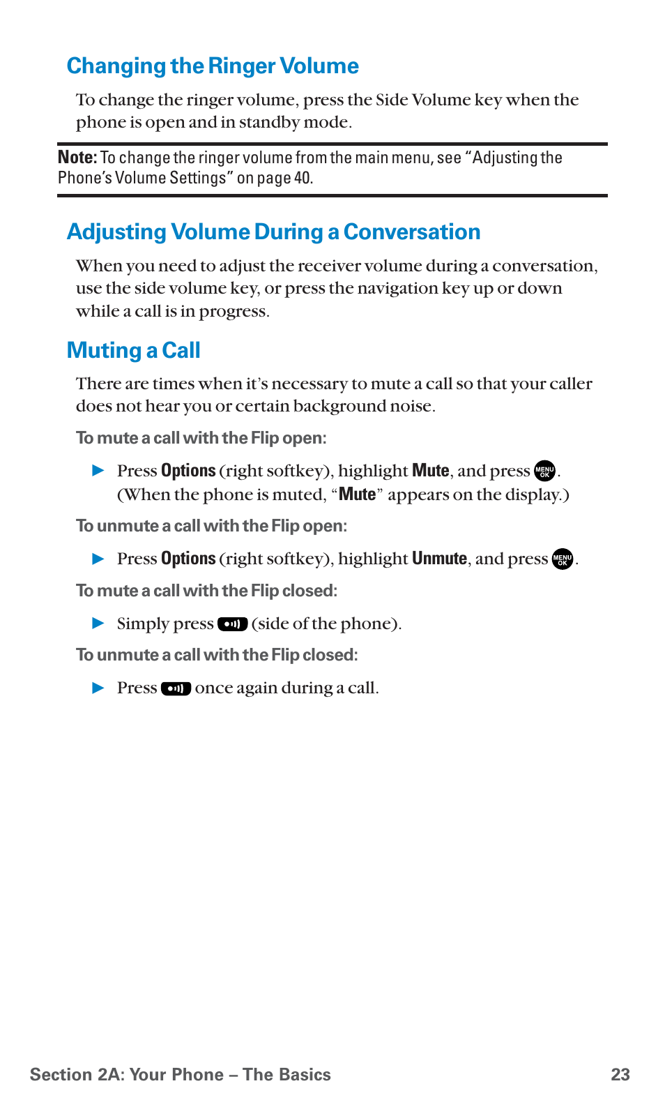 Changing the ringer volume, Adjusting volume during a conversation, Muting a call | Sanyo PCS Vision PM-8200 User Manual | Page 35 / 257