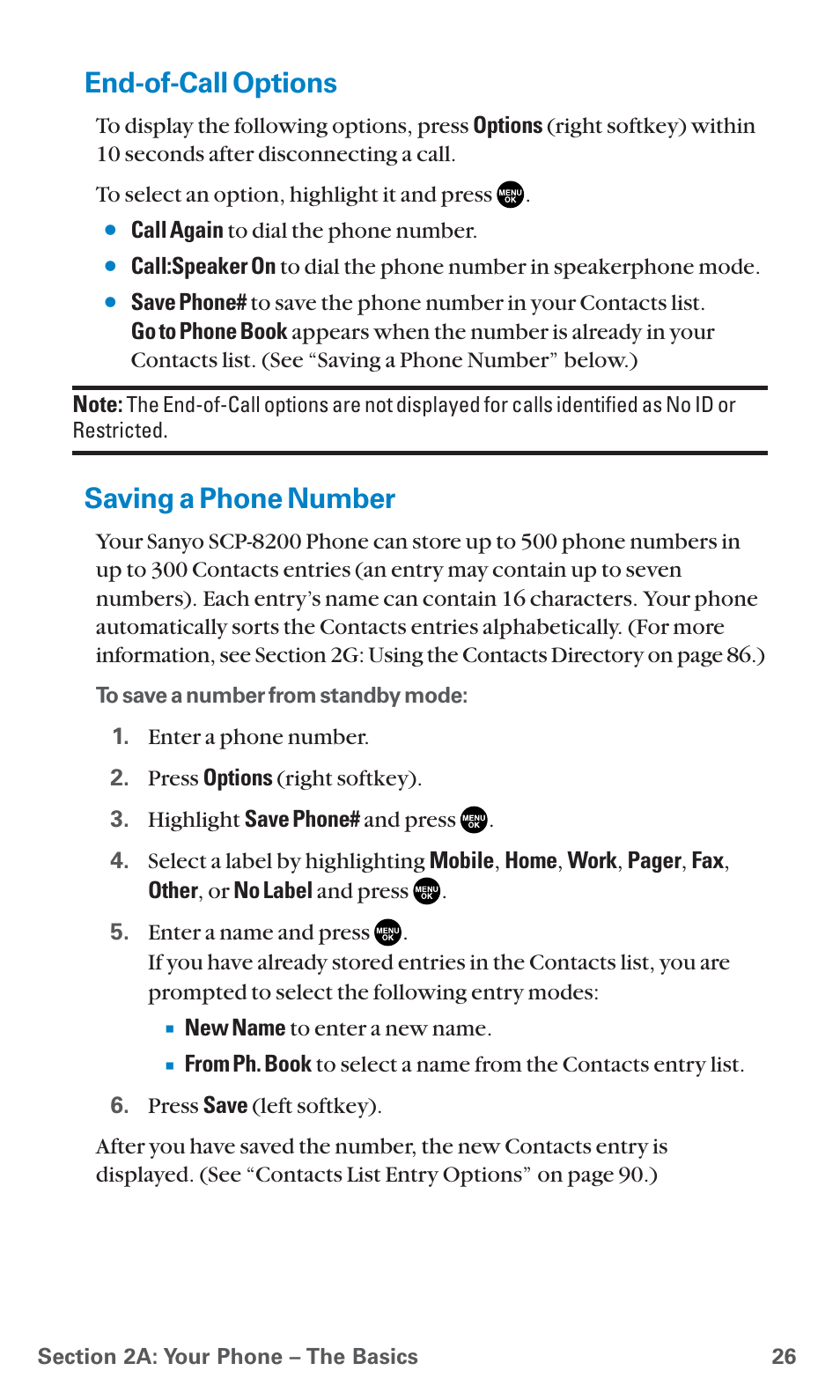 End-of-call options, Saving a phone number | Sanyo PCS Vision PM-8200 User Manual | Page 38 / 257