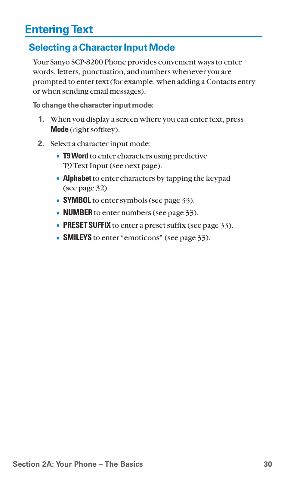 Entering text, Selecting a character input mode | Sanyo PCS Vision PM-8200 User Manual | Page 42 / 257
