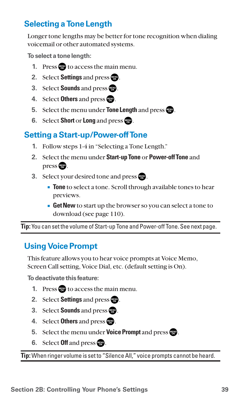 Selecting a tone length, Setting a start-up/power-off tone, Using voice prompt | Sanyo PCS Vision PM-8200 User Manual | Page 51 / 257