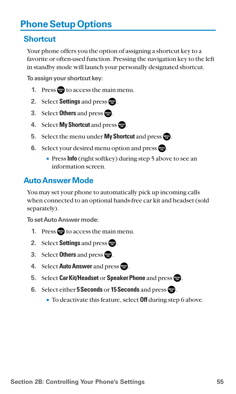 Phone setup options, Shortcut, Auto answer mode | Sanyo PCS Vision PM-8200 User Manual | Page 67 / 257