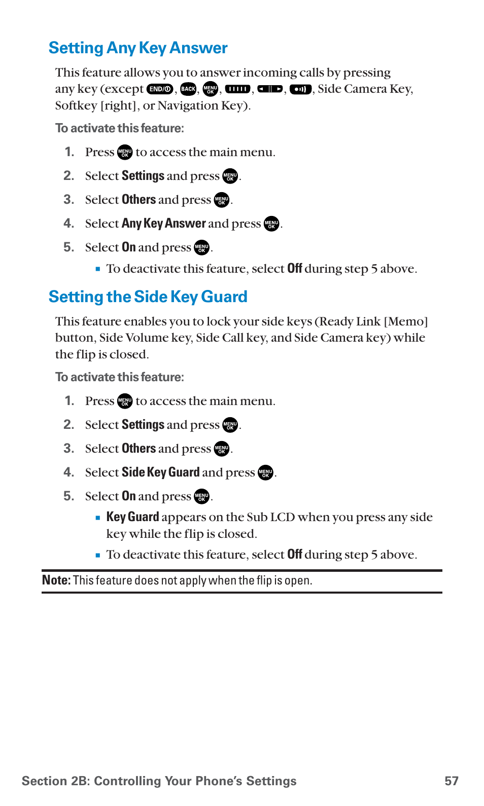Setting any key answer, Setting the side key guard | Sanyo PCS Vision PM-8200 User Manual | Page 69 / 257