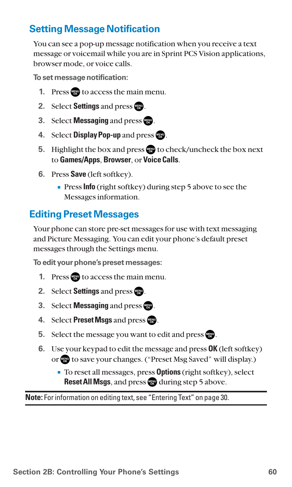 Setting message notification, Editing preset messages | Sanyo PCS Vision PM-8200 User Manual | Page 72 / 257