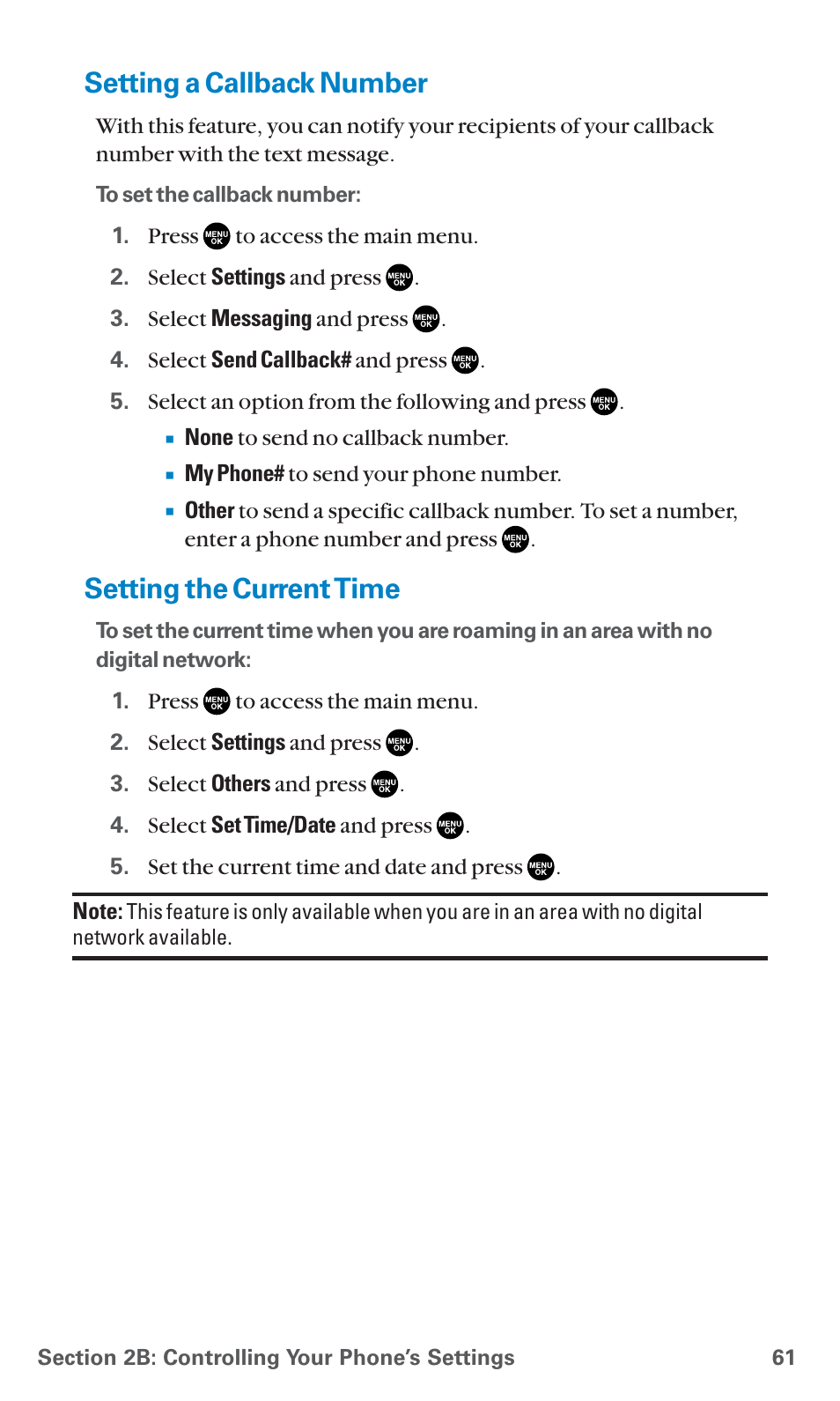 Setting a callback number, Setting the current time | Sanyo PCS Vision PM-8200 User Manual | Page 73 / 257