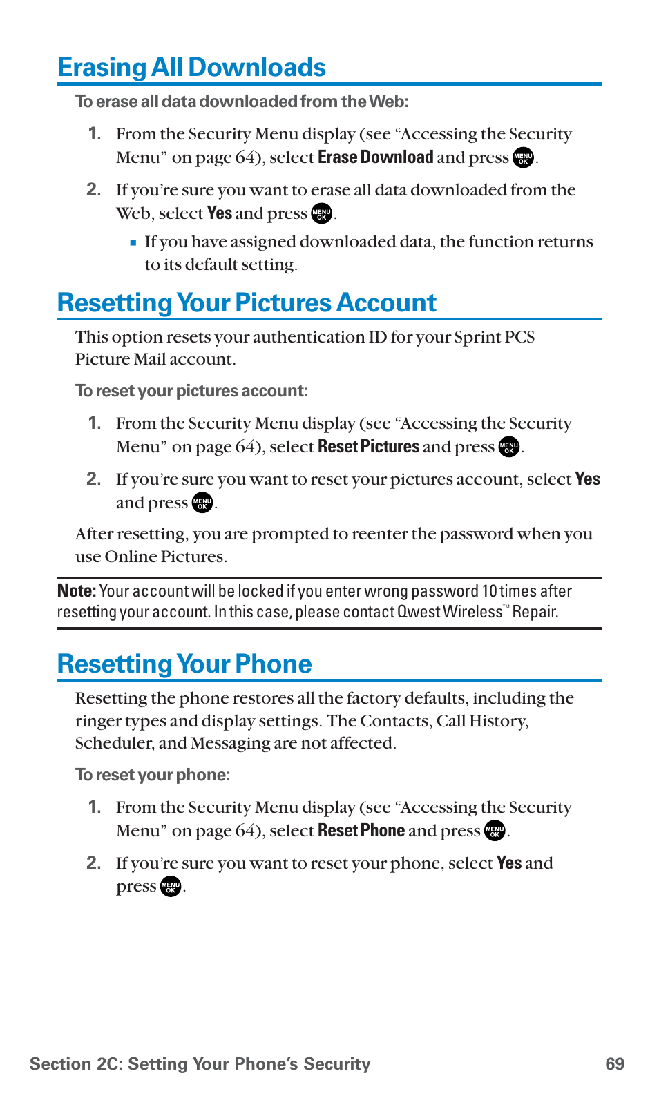 Erasing all downloads, Resetting your pictures account, Resetting your phone | See “managing call | Sanyo PCS Vision PM-8200 User Manual | Page 81 / 257