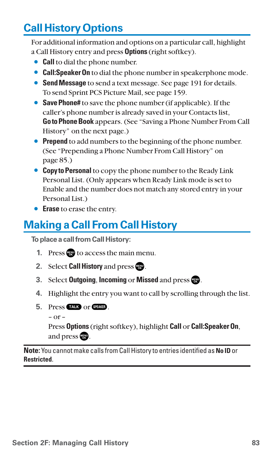 Call history options, Making a call from call history | Sanyo PCS Vision PM-8200 User Manual | Page 95 / 257