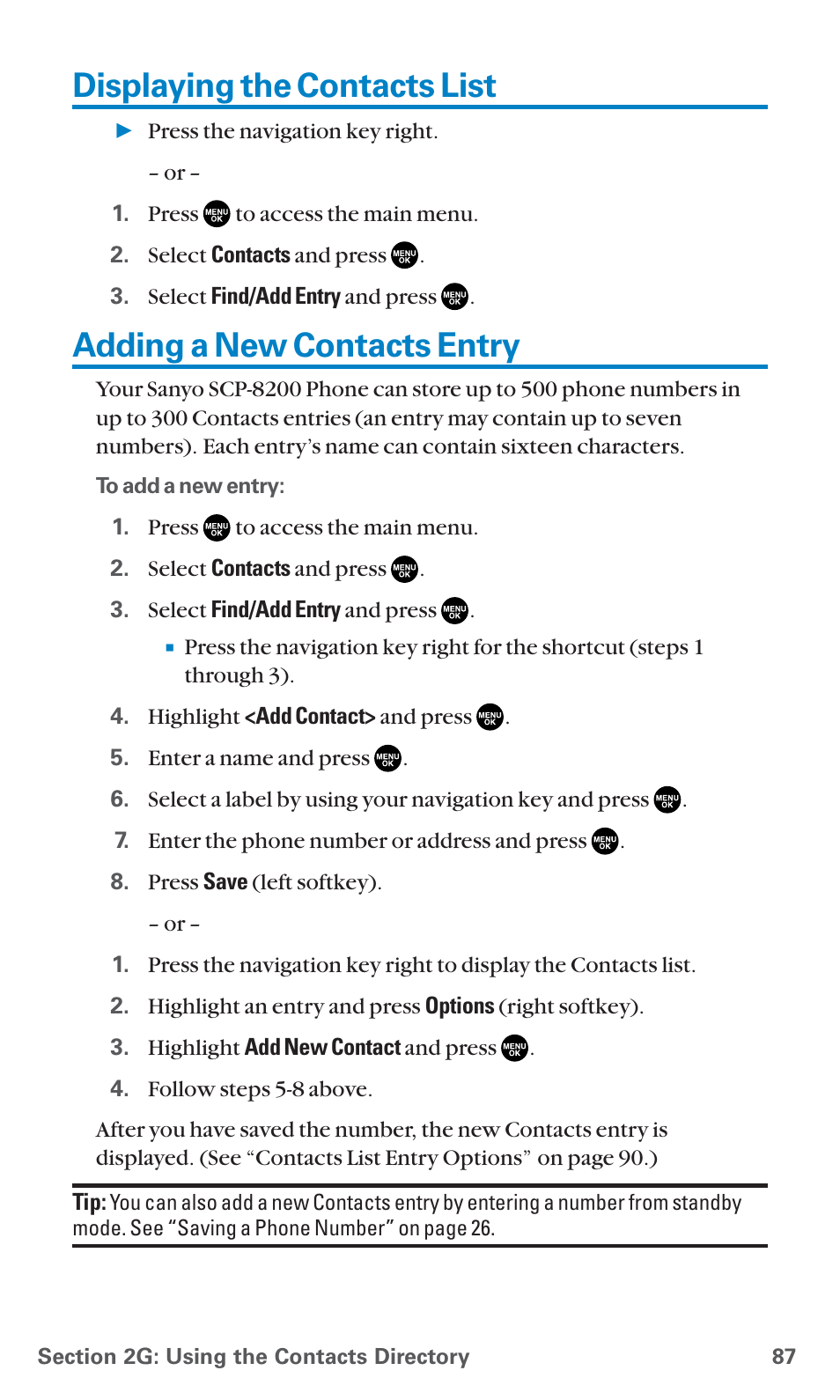 Displaying the contacts list, Adding a new contacts entry | Sanyo PCS Vision PM-8200 User Manual | Page 99 / 257