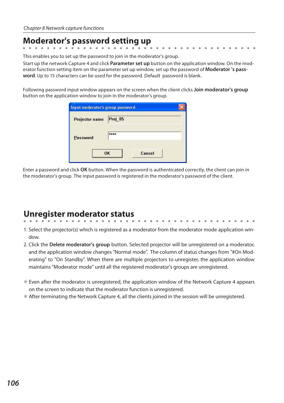 Unregister moderator status, Moderator's password setting up | Sanyo QXXAVC922---P User Manual | Page 106 / 144