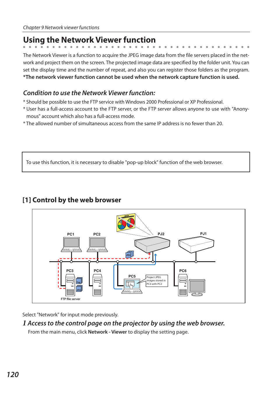 Using the network viewer function, 1] control by the web browser, Condition to use the network viewer function | Sanyo QXXAVC922---P User Manual | Page 120 / 144