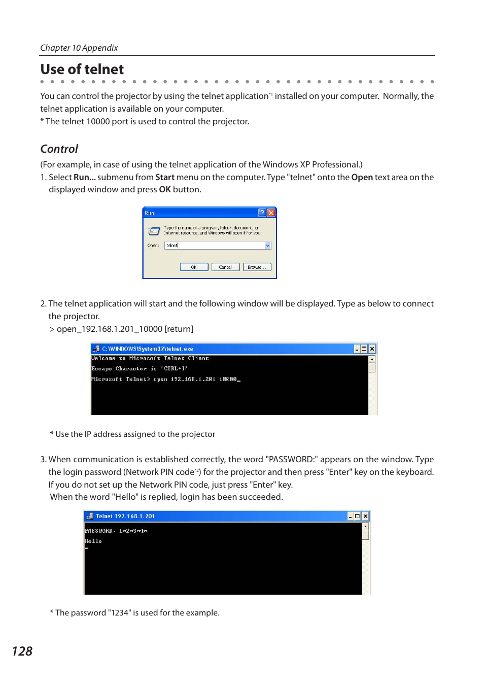 Use of telnet, Control | Sanyo QXXAVC922---P User Manual | Page 128 / 144