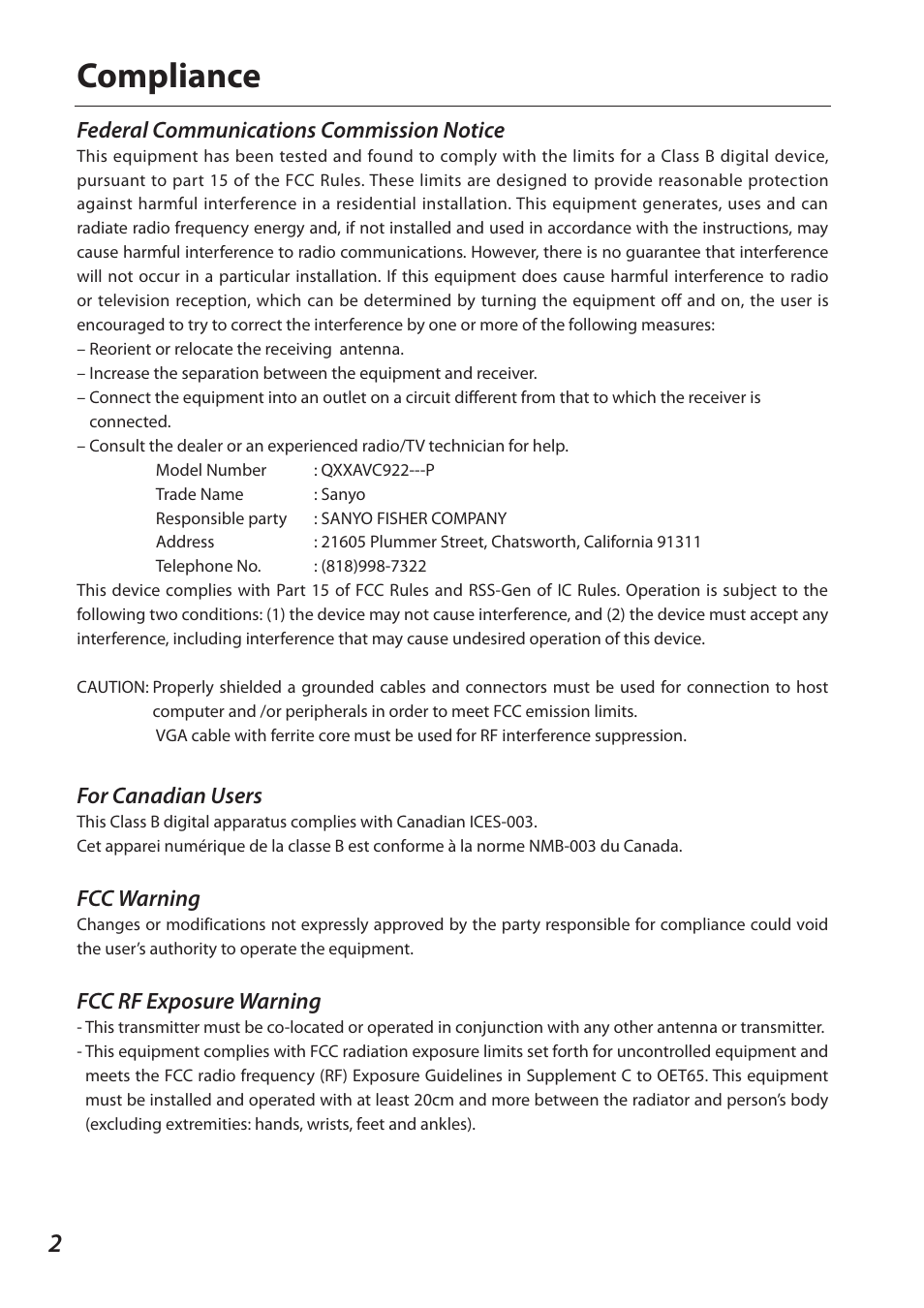 Compliance, For canadian users, Fcc warning | Fcc rf exposure warning, Federal communications commission notice | Sanyo QXXAVC922---P User Manual | Page 2 / 144