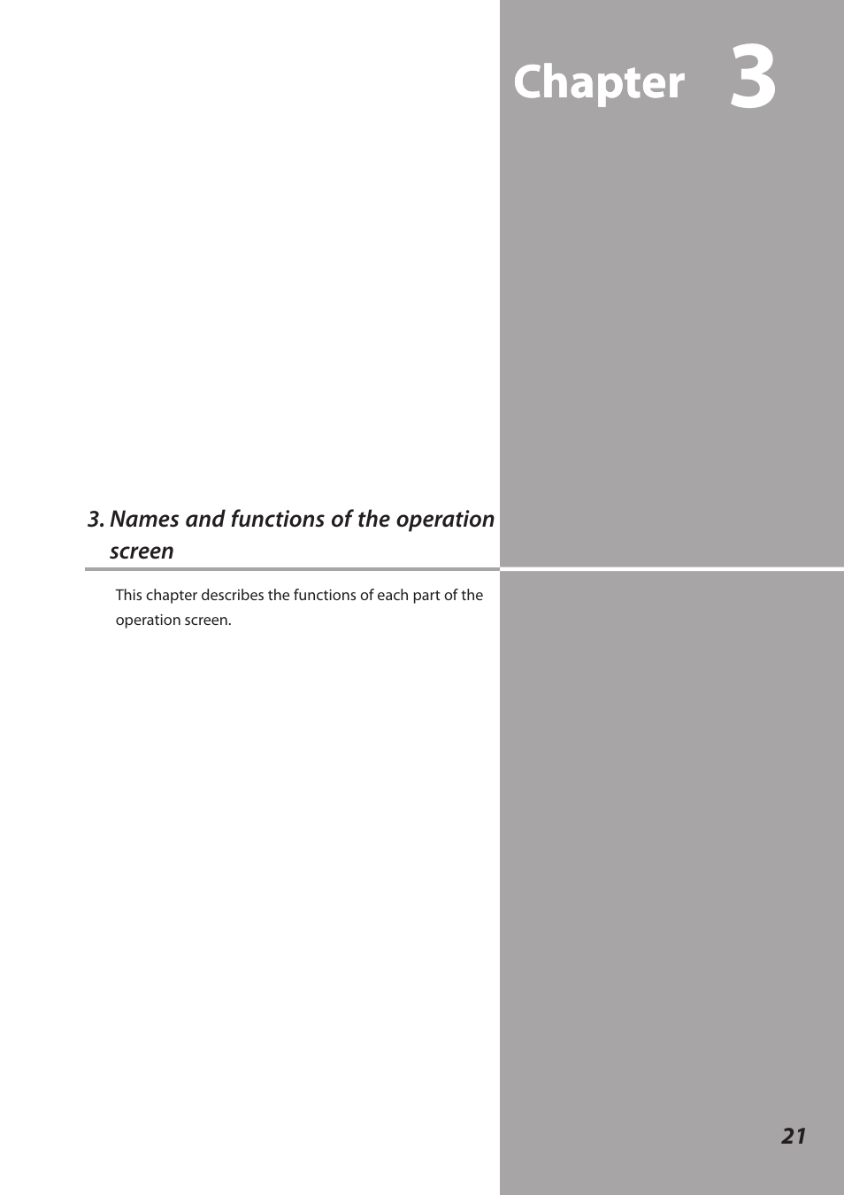 names and functions of the operation screen, Names and functions of the operation screen, Chapter | Sanyo QXXAVC922---P User Manual | Page 21 / 144