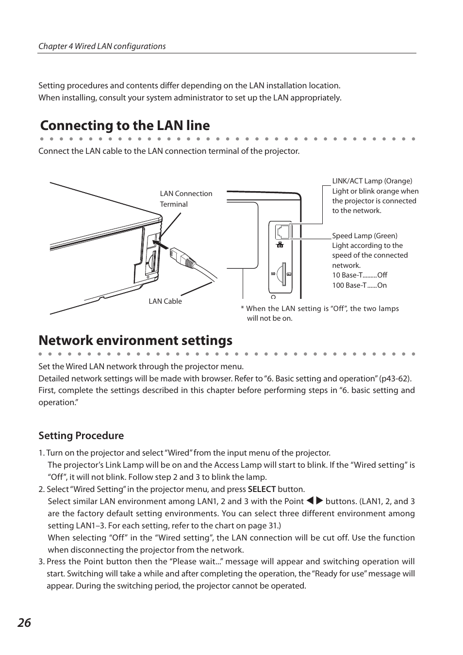 Connecting to the lan line, Network environment settings, Setting procedure | Sanyo QXXAVC922---P User Manual | Page 26 / 144