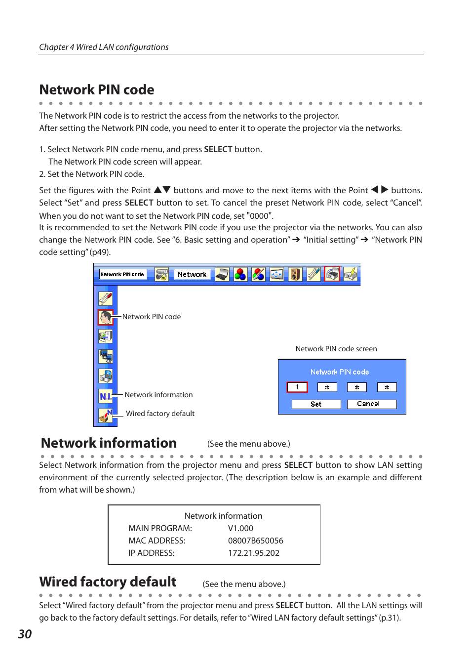 Network pin code, Network information, Wired factory default | Sanyo QXXAVC922---P User Manual | Page 30 / 144