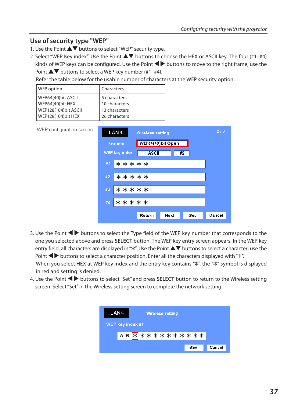 Use of security type "wep | Sanyo QXXAVC922---P User Manual | Page 37 / 144