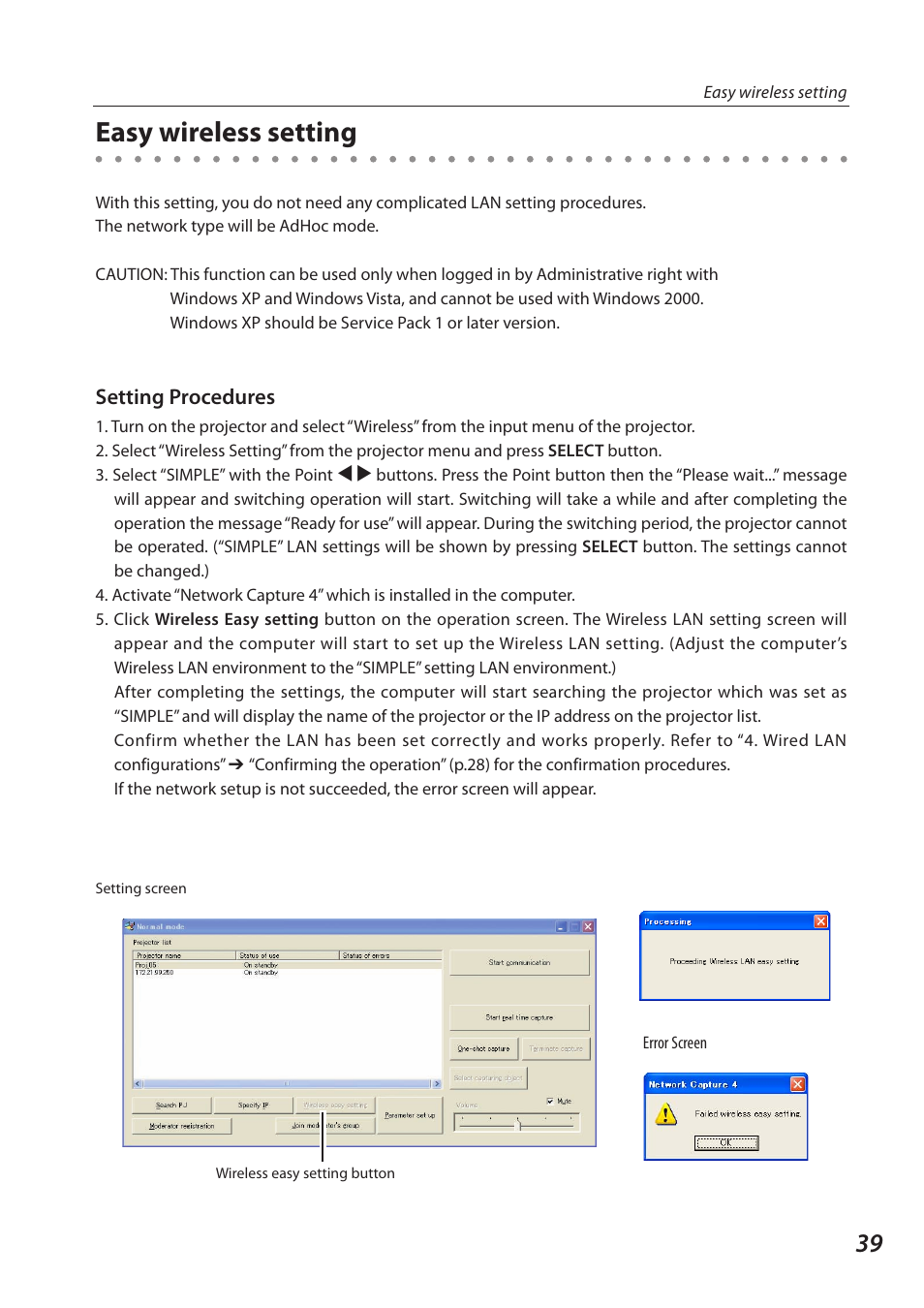 Easy wireless setting | Sanyo QXXAVC922---P User Manual | Page 39 / 144