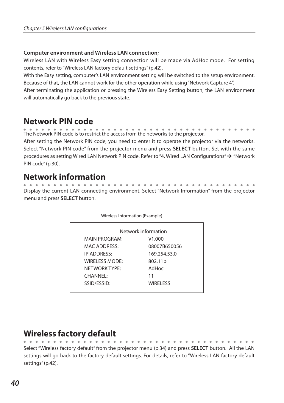 Network pin code, Network information, Wireless factory default | Network information network pin code | Sanyo QXXAVC922---P User Manual | Page 40 / 144