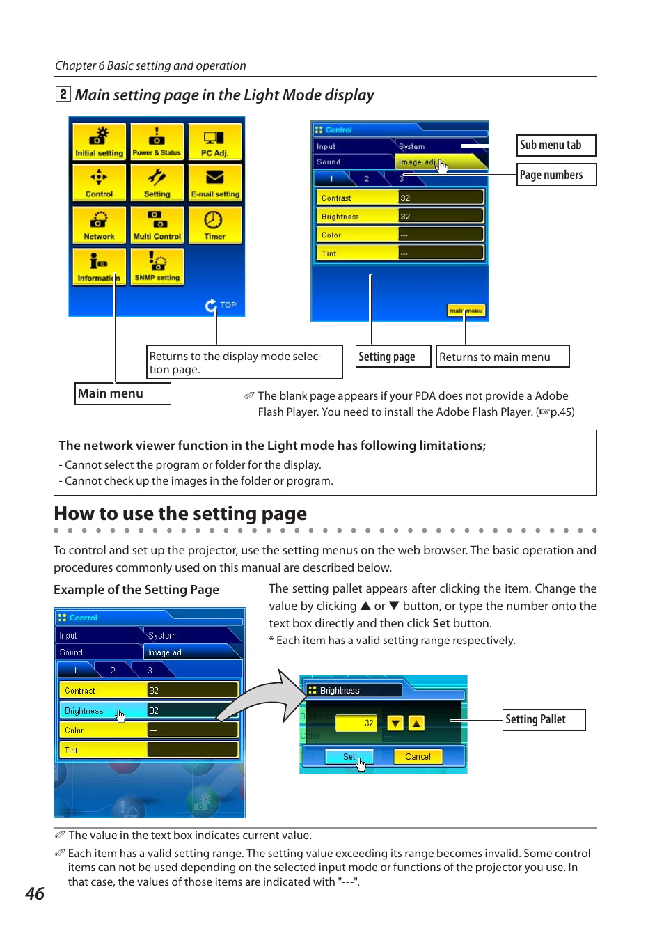 How to use the setting page, Xmain setting page in the light mode display | Sanyo QXXAVC922---P User Manual | Page 46 / 144