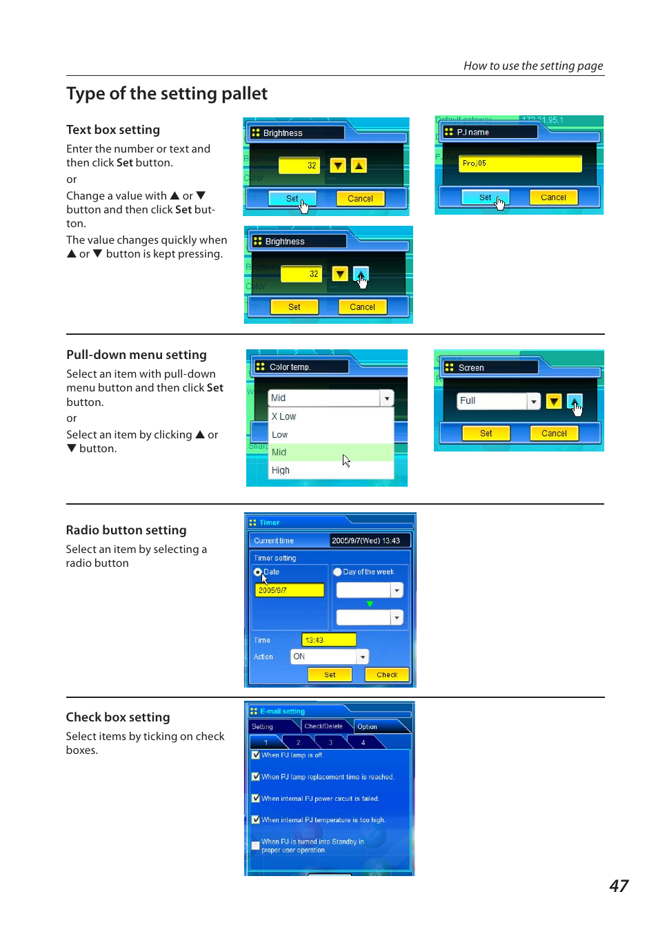 Type of the setting pallet | Sanyo QXXAVC922---P User Manual | Page 47 / 144