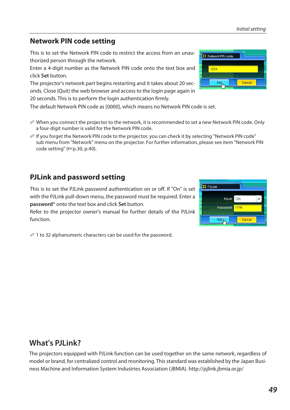 What's pjlink, Network pin code setting, Pjlink and password setting | Sanyo QXXAVC922---P User Manual | Page 49 / 144