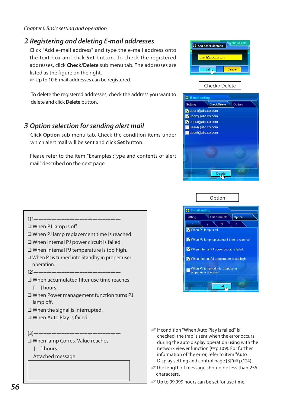 Registering and deleting e-mail addresses, Option selection for sending alert mail | Sanyo QXXAVC922---P User Manual | Page 56 / 144