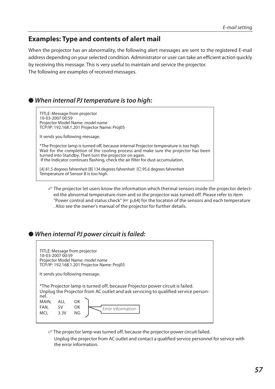 Examples: type and contents of alert mail, When internal pj temperature is too high, When internal pj power circuit is failed | Sanyo QXXAVC922---P User Manual | Page 57 / 144