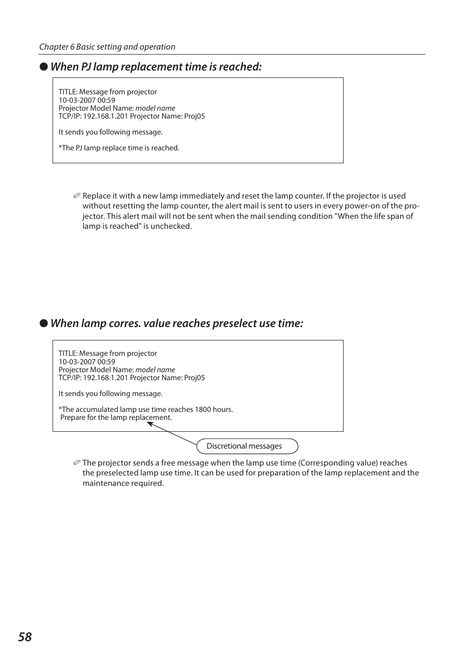 When lamp corres. value reaches preselect use time, When pj lamp replacement time is reached | Sanyo QXXAVC922---P User Manual | Page 58 / 144