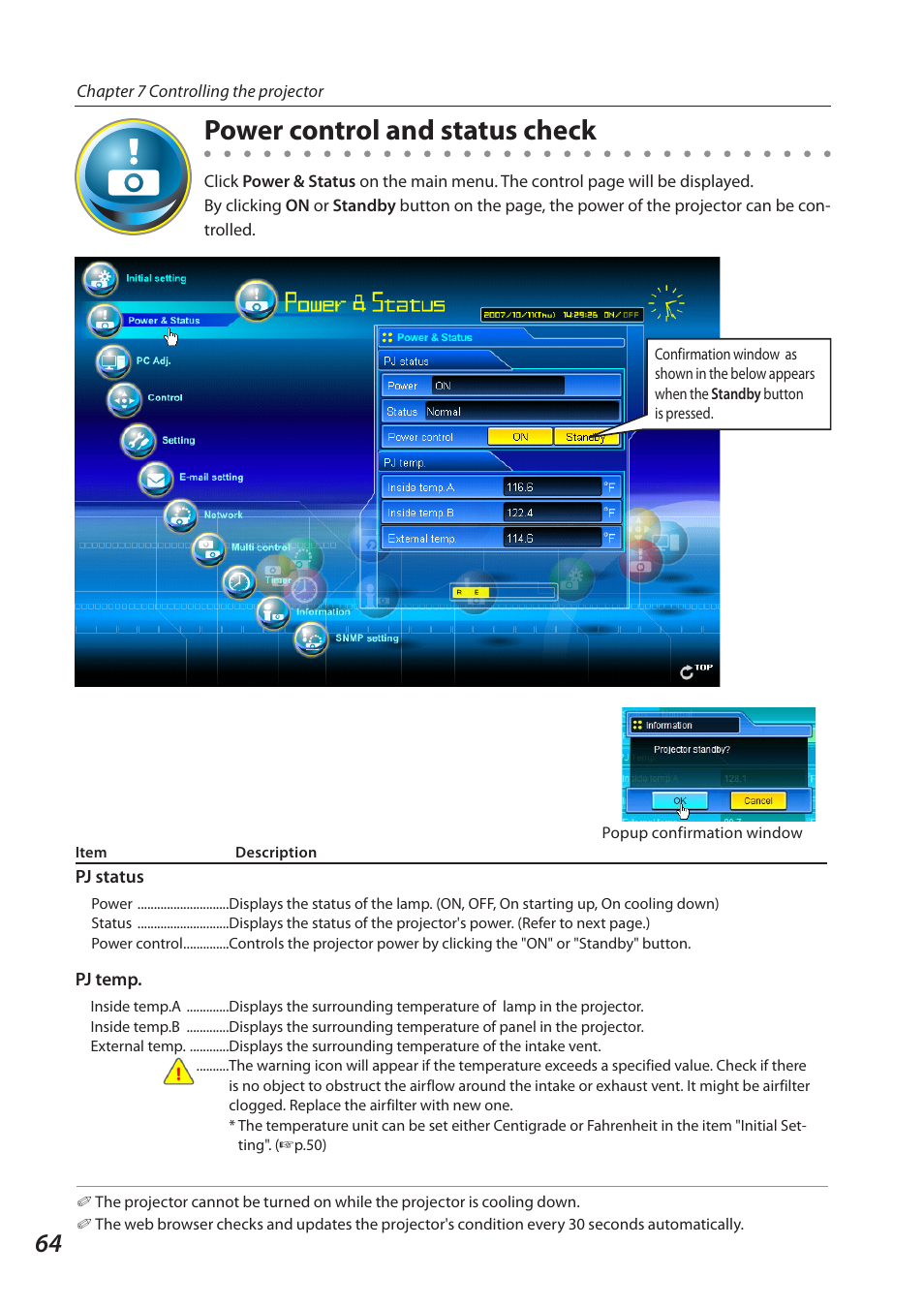 Power control and status check | Sanyo QXXAVC922---P User Manual | Page 64 / 144