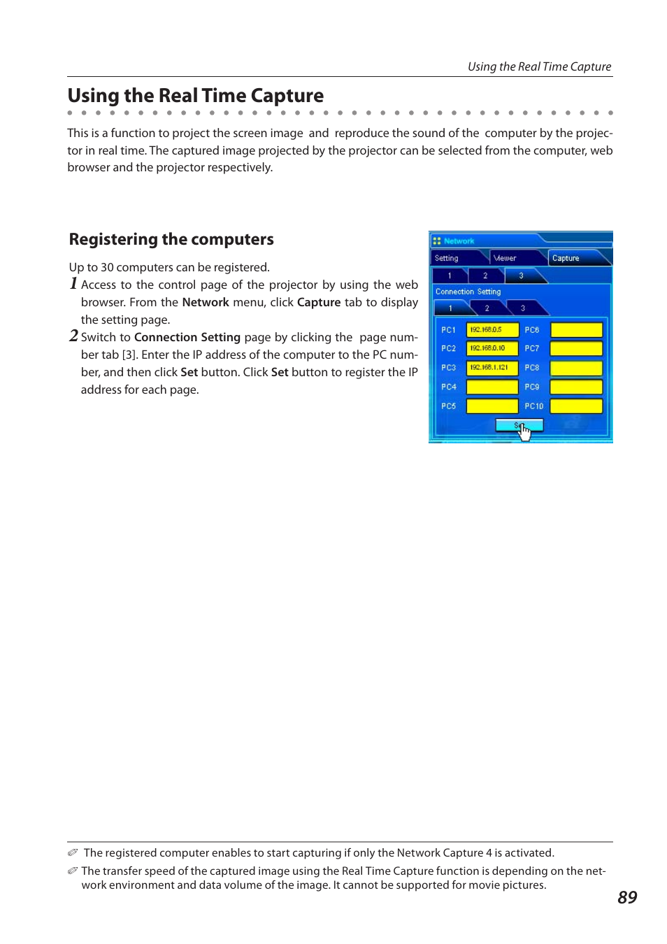 Using the real time capture, Registering the computers | Sanyo QXXAVC922---P User Manual | Page 89 / 144