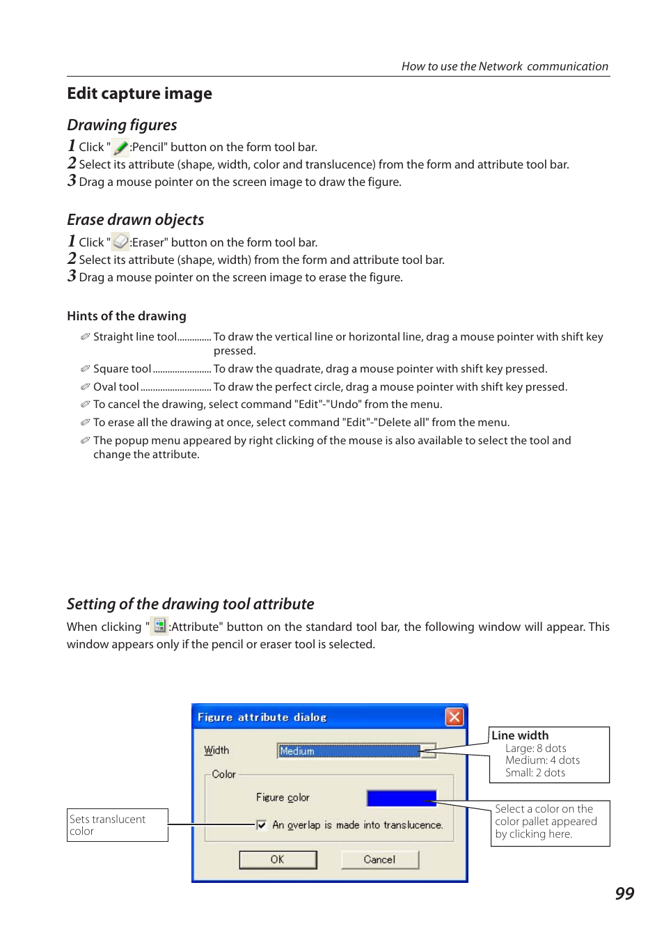 Edit capture image, Setting of the drawing tool attribute, Drawing figures | Erase drawn objects | Sanyo QXXAVC922---P User Manual | Page 99 / 144