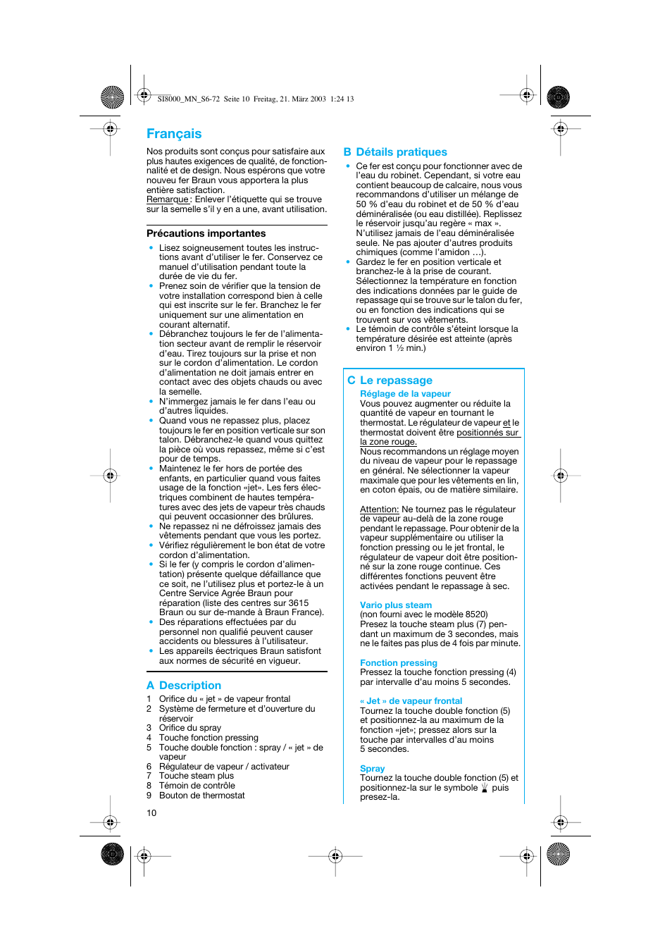 Français, A description, B détails pratiques | C le repassage | Braun SI 8590  EU User Manual | Page 10 / 56