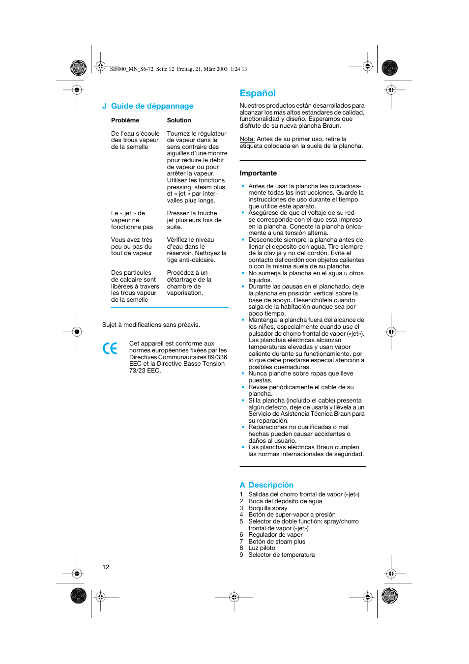 Español | Braun SI 8590  EU User Manual | Page 12 / 56