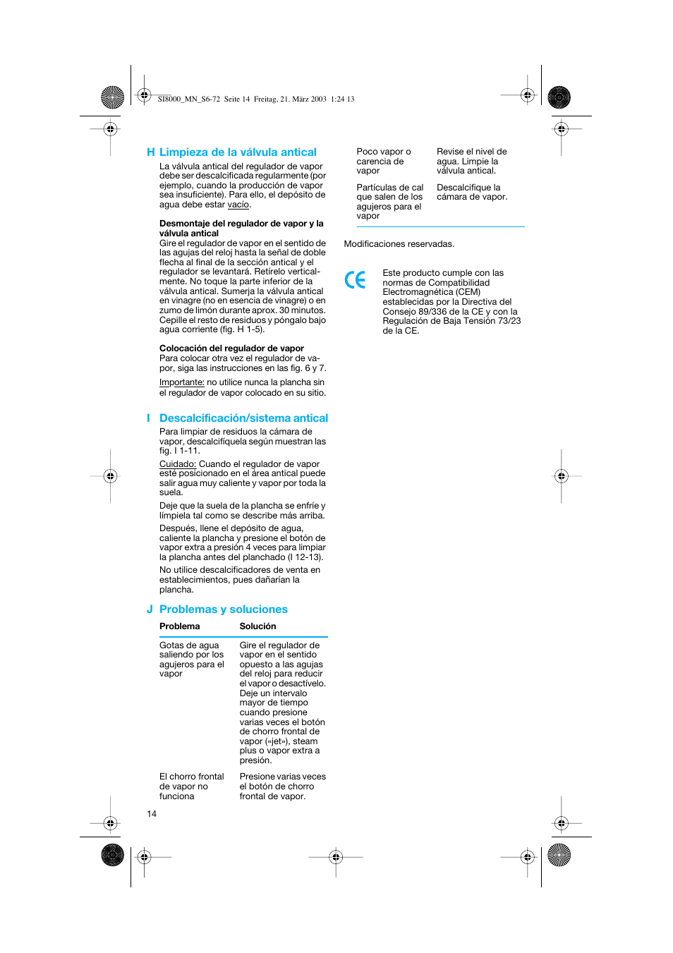 H limpieza de la válvula antical, I descalcificación/sistema antical, J problemas y soluciones | Braun SI 8590  EU User Manual | Page 14 / 56