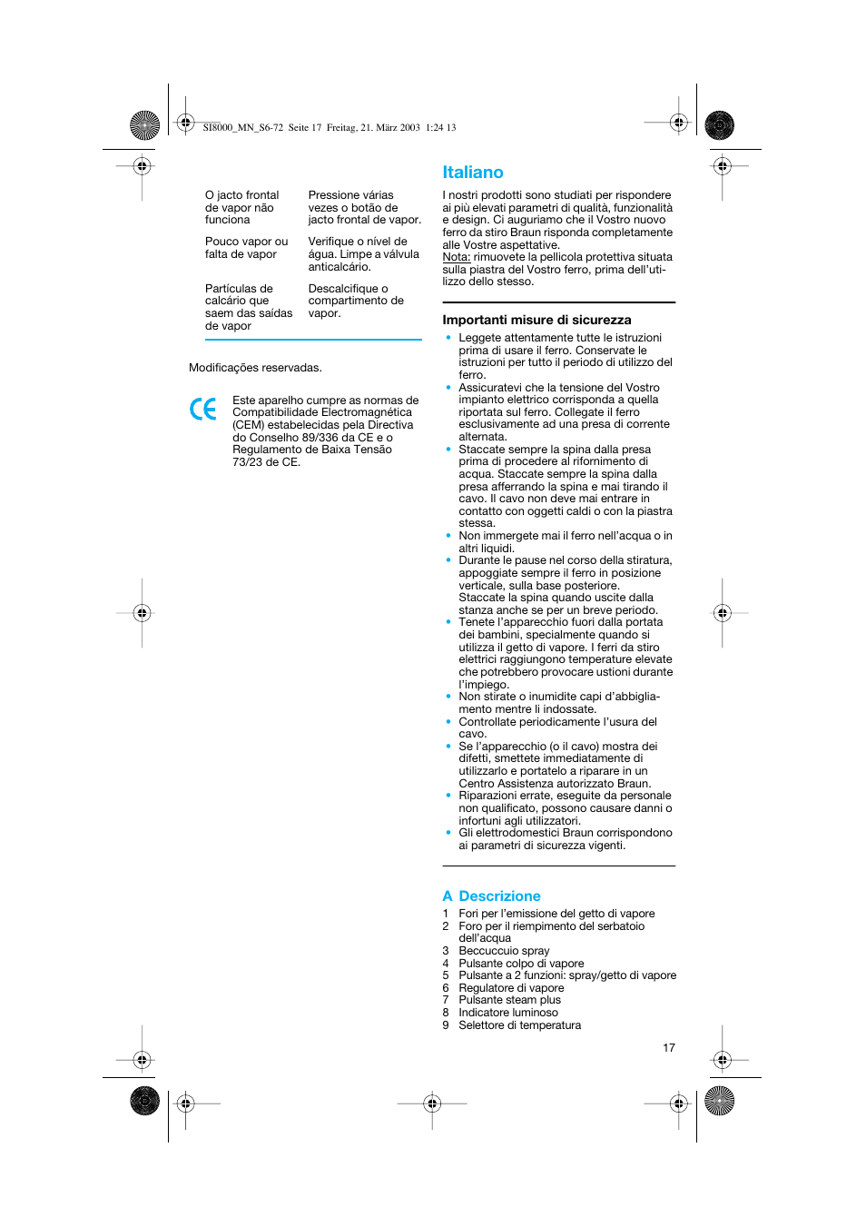 Italiano, A descrizione | Braun SI 8590  EU User Manual | Page 17 / 56
